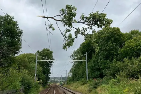 Network Rail Scotland Part of a damaged tree balancing on power lines high above a deserted railway line
