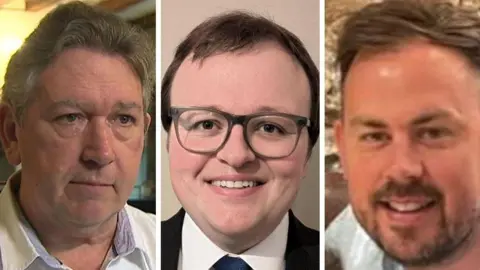 BBC/Asia House/Facebook Individual headshots of three men side by side in a composite image. On the left, one has greying hair and light eyes, wearing a white dress shirt as he looks off camera with no expression on his face. In the centre, another smiles into the camera, with dark hair and eyes, wearing glasses and a suit. On the right, the third smiles into the camera, with light hair and eyes and a beard.