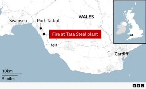 A map showing where the fire took place at the Port Talbot Steel plant.