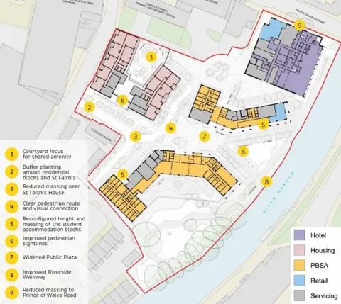 Whitbread A site plan shows how a hotel and housing would be built on a riverside plot