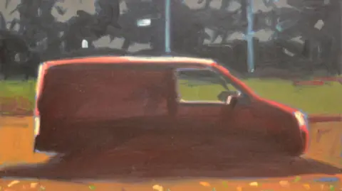 An oil painting of a red post office van 