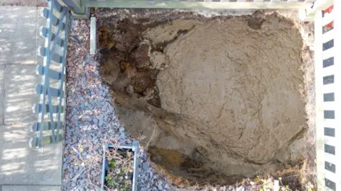 EDDIE MITCHELL An aerial image of the sinkhole, showing brown mud where a garden used to be.