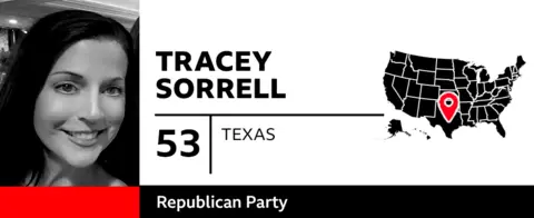 The graphic features a photo of Tracey Sorrell, 53, of Texas