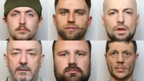 A composite image of police mugshots of Franklin O'Dwyer, Altan O'Connell, Luke McInerney, Nicholas O'Dwyer, Dwain Stratford, and Karl Houghton.