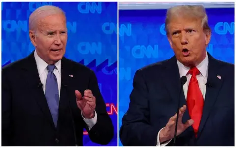 Reuters President Joe Biden and former President Donald Trump are photographed at the first presidential debate in a photo split.