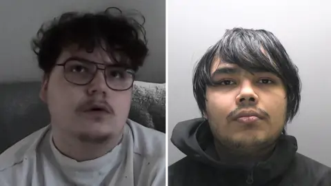 A side-by-side composite of two young men: Owen Flowers on the left has dark curly hair, large aviator-style glasses, and a light moustache, looking slightly upwards in a grey top; the one on the right has straight dark hair swept across his forehead, light facial hair, and looks directly forward in a black hooded jacket.