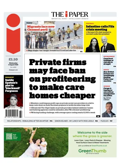 "Private firms may face ban on profiteering to make care homes cheaper" reads the headline on the front page of The i Paper.