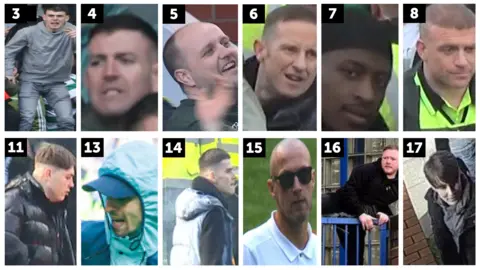 CCTV stills of 12 men taken at the football match 