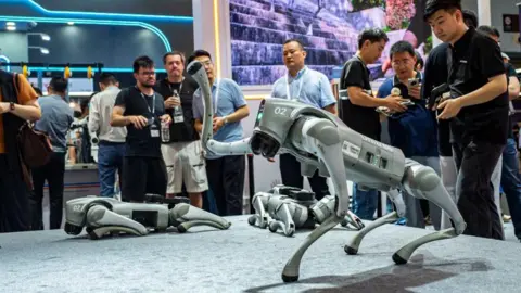 VCG via Getty Images A Unitree robot dog waves at the crowd at a tech convention in China.