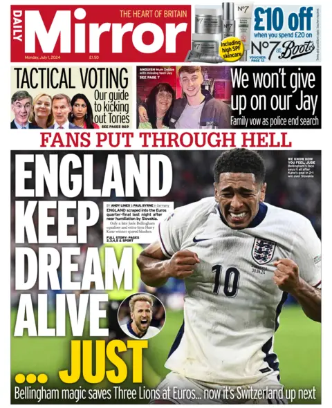 The headline on the front page of the Daily Mirror reads: “England keep dream alive... just"