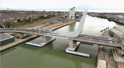 BBC Drone image of Gull wing Bridge in Lowestoft 