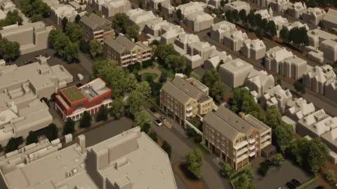 BCP Council CGI of an aerial view of three blocks of homes and a community centre depicted in colour at the centre of Boscombe with the rest of the area depicted in grey.