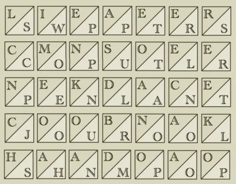 A grid with 35 squares, each divided diagonally into two triangles. Each triangle contains a single uppercase letter, forming pairs within each square.