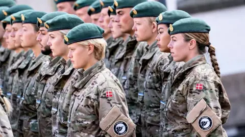 Women take part in a military parade in Aalborg, Denmark, on 05 September 2021 (file image)
