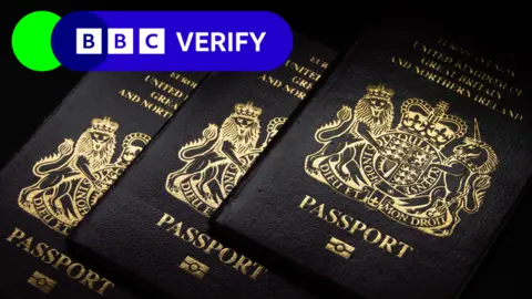 Three blue British passports. The BBC Verify logo is in the top left hand corner.