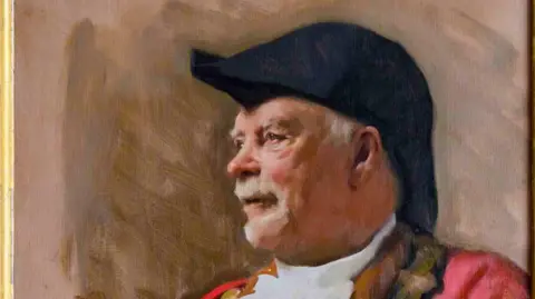 Neil Goodwin A painting of a man with short white beard, black hat and red robe as he looks slightly into the distance.