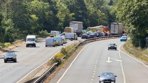 Police cars and fire engines at the scene of a crash on the A38 near Buckfastleigh in Devon. Several other cars, lorries and vans are also at the scene.