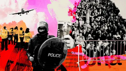 An illustration showing riot police officers, stewards, and fans outside football matches