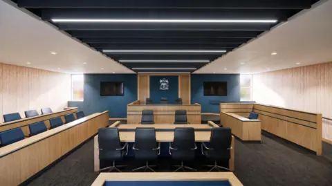 Bournemouth University AI image of a courtroom with pale wooden panelling, blue walls and black chairs.