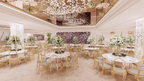 RoyalNawaab A CGI image of an opulent banqueting hall featuring golden chairs, marble tables and decorative floral displays