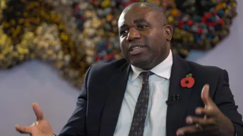 BBC David Lammy wearing a suit with a red Remembrance poppy on the lapel. He talks and moves his hands while talking.