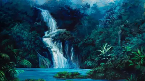 Eden Mullane A painting of a Jamaican landscape where there is lush forest and a waterfall running through the middle of it.