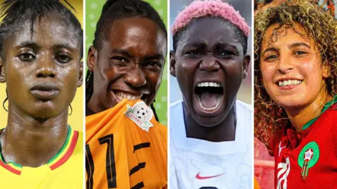 Mali's Aissata Traore, Zambia's Barbra Banda, Nigeria's Asisat Oshoala and Morocco's Sanaa Mssoudy playing football