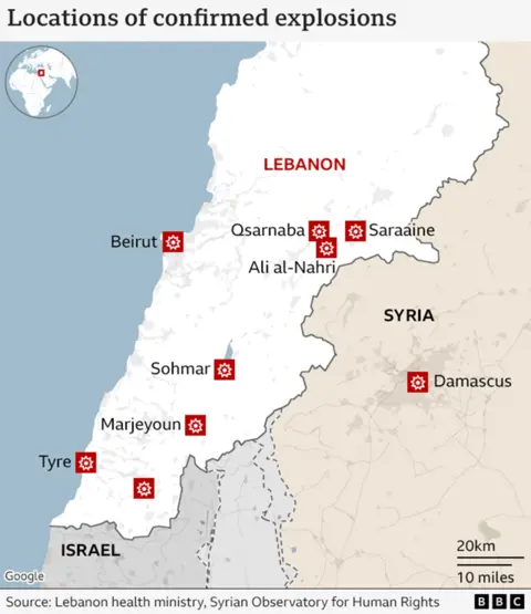 Map of confirmed explosions in Lebanon