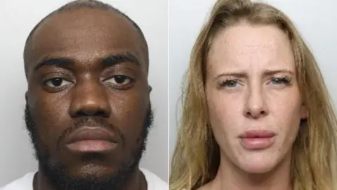 South Yorkshire Police Two mugshots side by side. Williams has a buzzcut, a think black moustache and short messy black beard. Dunford had long blond hair, lip filler, blue eyes and eyelash extensions. Both have neutral expressions.