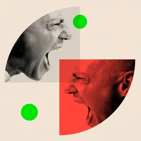 BBC A treated collage showing a man shouting