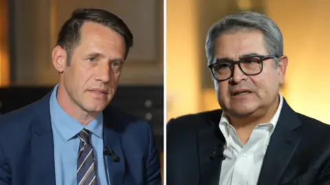 Split screen. Will Grant is on the left and Juan Orlando Hernández is on the right.