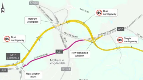 National Highways A graphic showing the A57 Link Roads scheme. The map shows the road will bypass the village of Mottram in Longdendale.