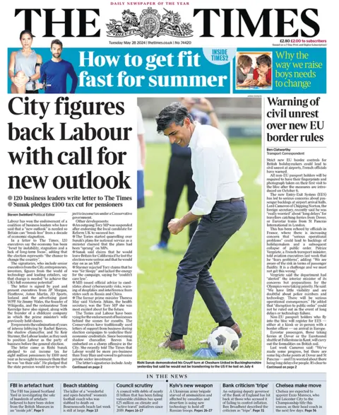 The headline on the front page of the Times read: "City figures return to Labor with a call for a new outlook".  The main picture of the newspaper is Rishi Sunak playing football. 