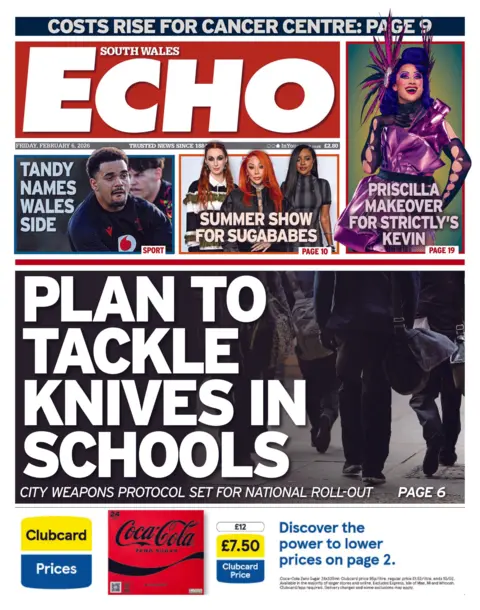 South Wales Echo The front page of the South Wales Echo has a picture of a group of school pupils seen from behind with their heads not visible. They are carrying bags and walking on a pavement. This is beside the headline: Plan to tackle knives in schools. Another headline above reads: Tandy names Wales side. It is accompanied by a close up of two rugby players.