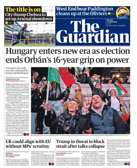 "Hungary enters new era as election ends Orbán's 16-year grip on power," reads the headline on the front page of the Guardian.