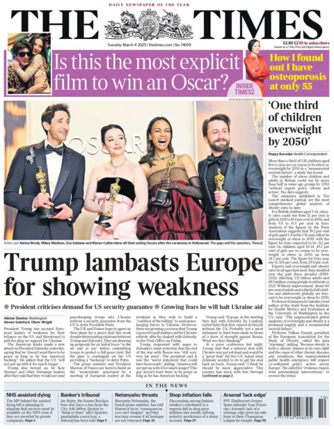 Reads the title on the front page of the Times: "Trump lambasted Europe to show weakness."