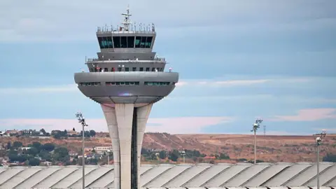 The control tower at Adolfo Suarez Airport in Madrid, Spain, on October 11, 2025.
