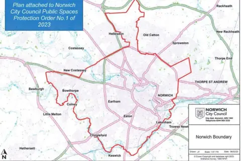 . A map of Norwich and the surrounding area. A red line outlines the border of the area covered by Norwich City Council.