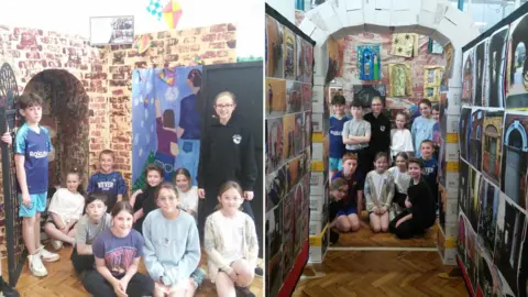 Quay Academy An image showing children in front of a brick-style arch and a second image showing them inside an archway with artwork displayed on the walls to either side.