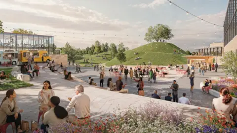 Exeter College Oxford/Cherwell District Council planning porta A CGI of a redevelopment of an area consisting of seating, green space and buildings either side of the picture. There are lots of people socialising and walking around.
