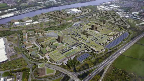 A CGI of how the new development will look. The aerial image shows the Metrocentre surrounded by new offices and homes. The roofs are all green or covered in solar panels.