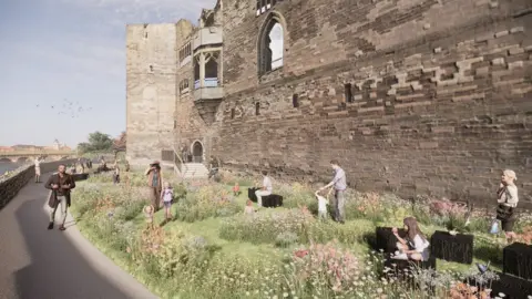 Newark and Sherwood District Council Artist's impression of a meadow-like grass area between the castle wall and the river