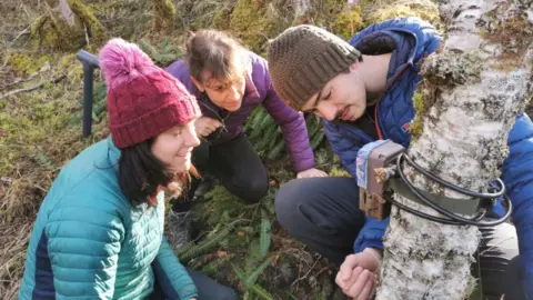 Dr Mic Mayhew Students and project volunteers checking camera traps in the release area.