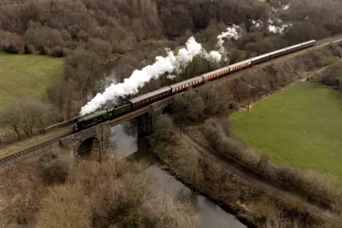 Getty Images An aerial view shows Flying Scotsman travelling along the East Lancashire Railway on 11 March 2023
