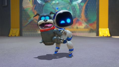 A cute cartoon robot character with a black screen for a face and bright blue dots for eyes looks over his shoulder and winks at the viewer. On this back, a robotic bulldog with a blocky body and similar bright blue eyes clings on, tongue hanging out. It's a cheeky, fun scene.