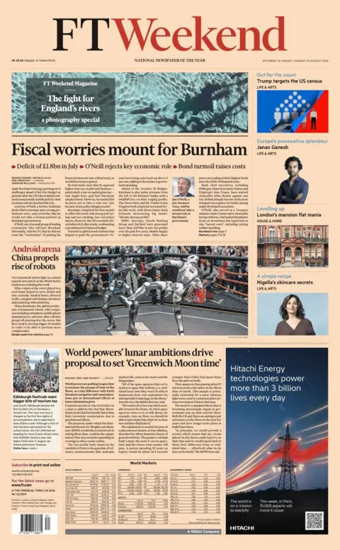 BBC "Fiscal worries mount for Burnham" reads the headline on the front page of the Financial Times.