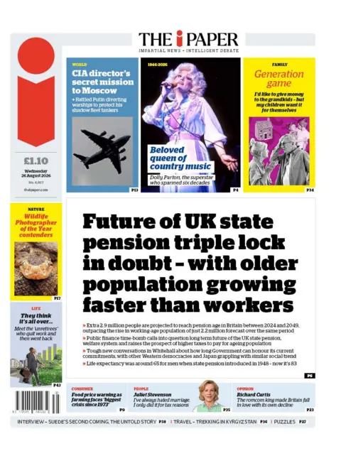 The headline on the front page of the i Paper reads: "Future of UK state pension triple lock in doubt - with older population growing faster than workers."