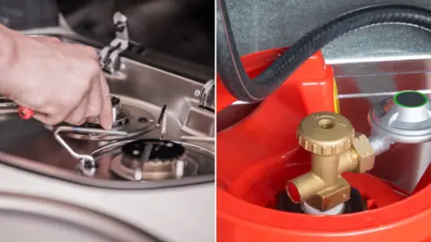 Composite image showing a small gas stove of the type used in leisure vehicles and an orange-coloured gas bottle.