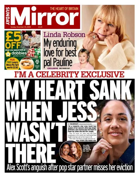 Headline on the front page of the Sunday Mirror: "My heart is broken when jess is not there".