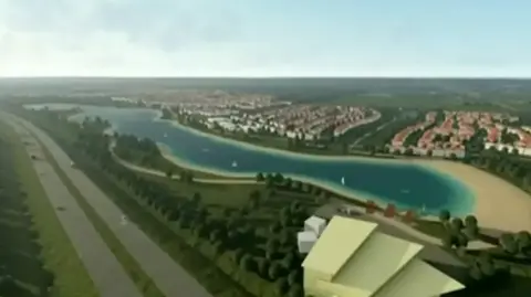 A computer generated picture of the villages that run along side a large, long lake.